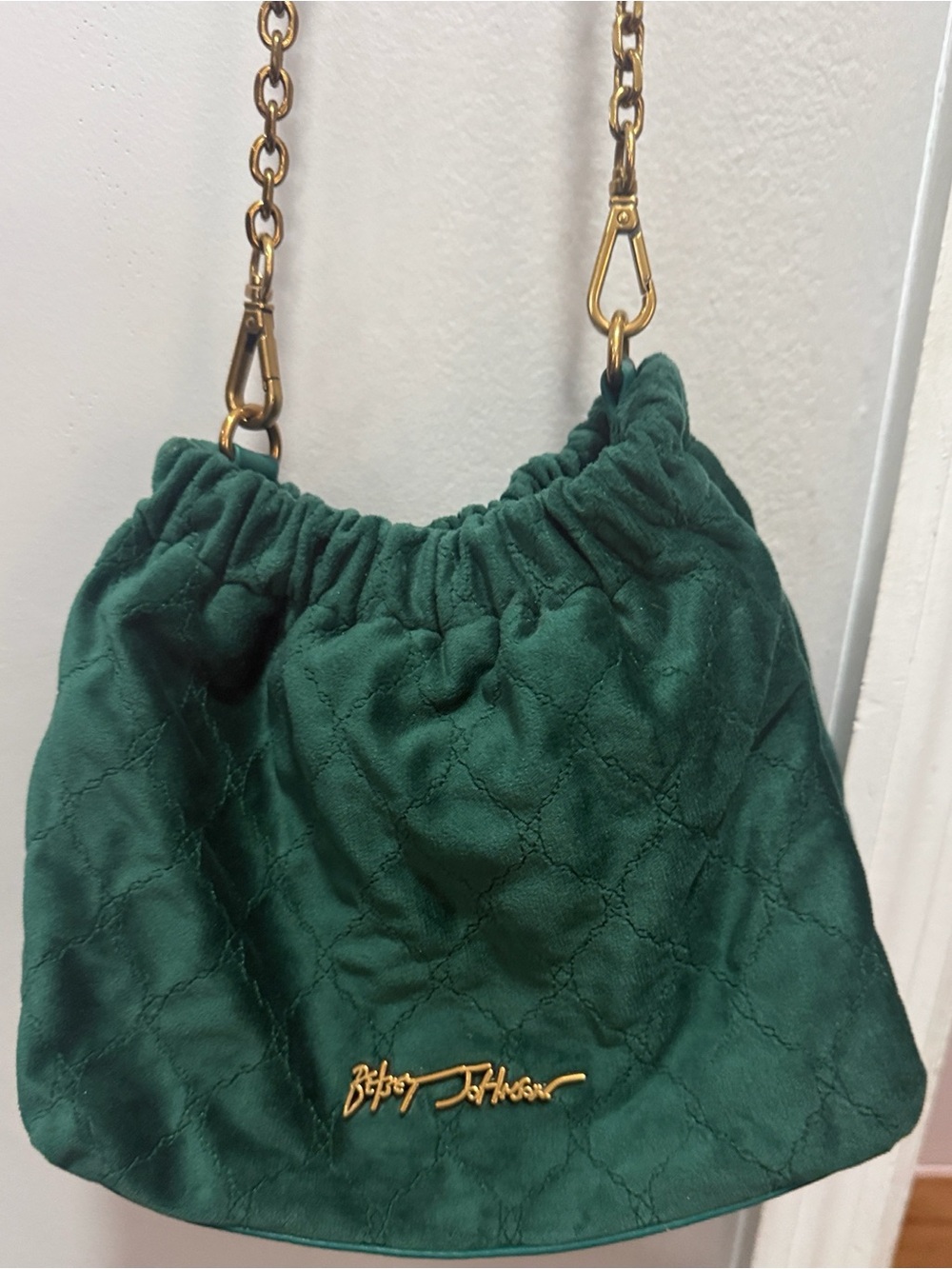Betsey Johnson Dark Emerald Quilted Drawstring Chain Shoulder Bag